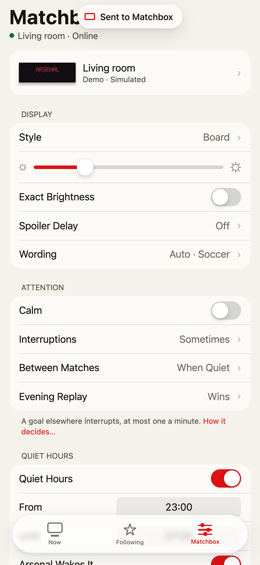 The app's Matchbox settings: style, brightness, spoiler delay, wording, attention and quiet hours.