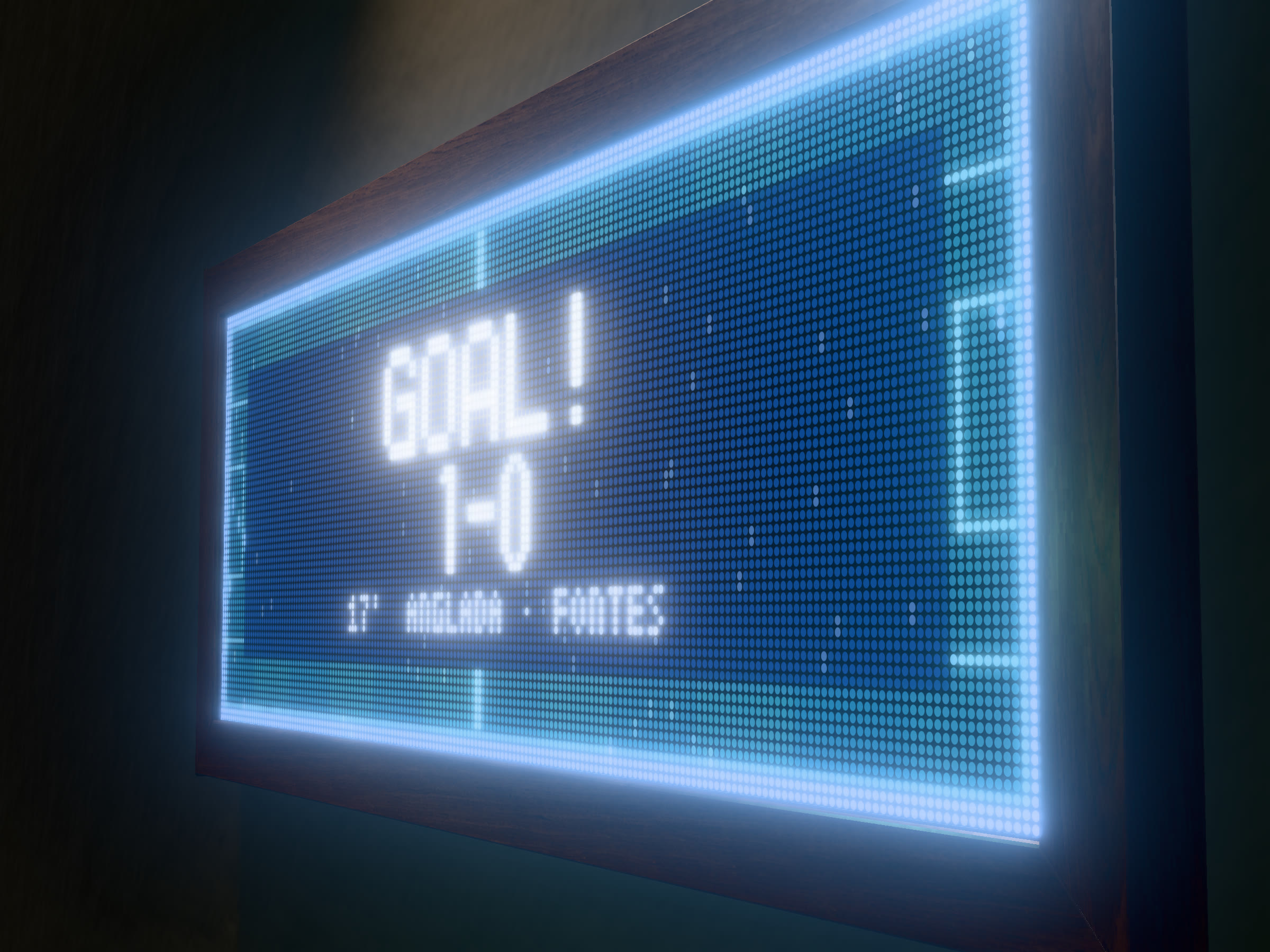 A Matchbox seen from the side, its LED face flooded blue for a goal, lighting the wall.